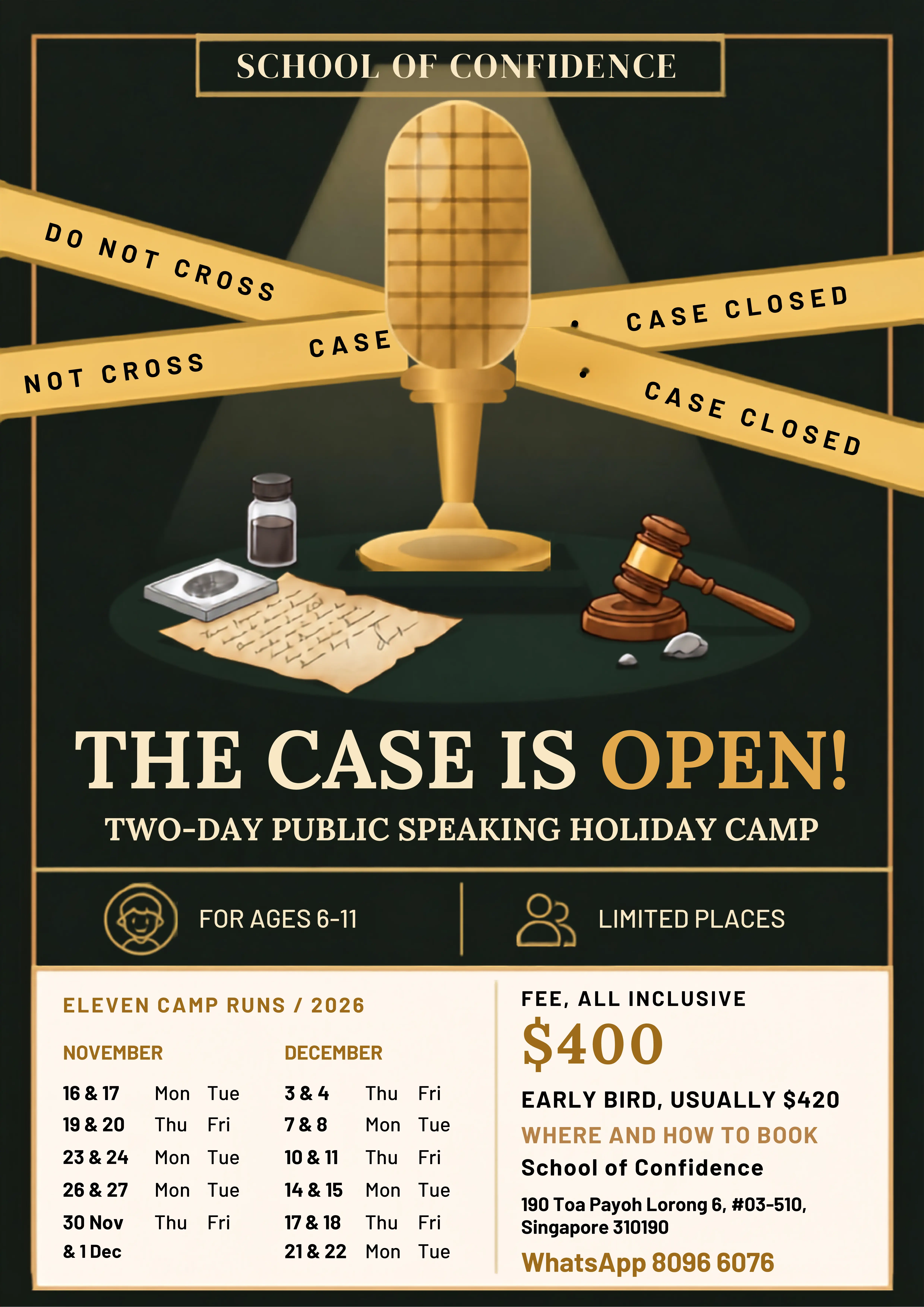 Golden Microphone Mystery 2026 camp flyer for ages 6–11
