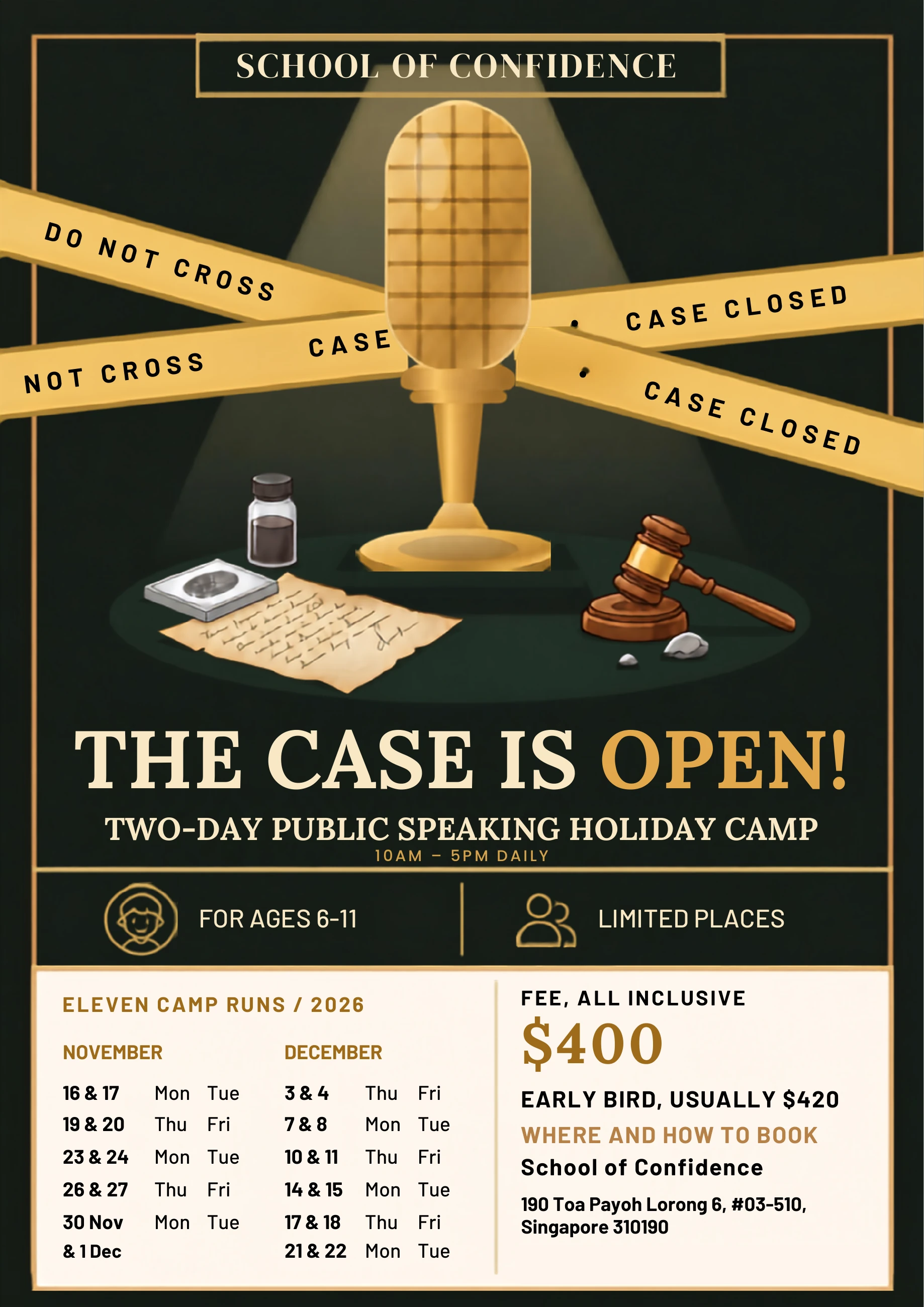 Little Detectives, Big Voices: The Stolen Golden Microphone Mystery 2026 camp poster for ages 6–11, with session dates and fees