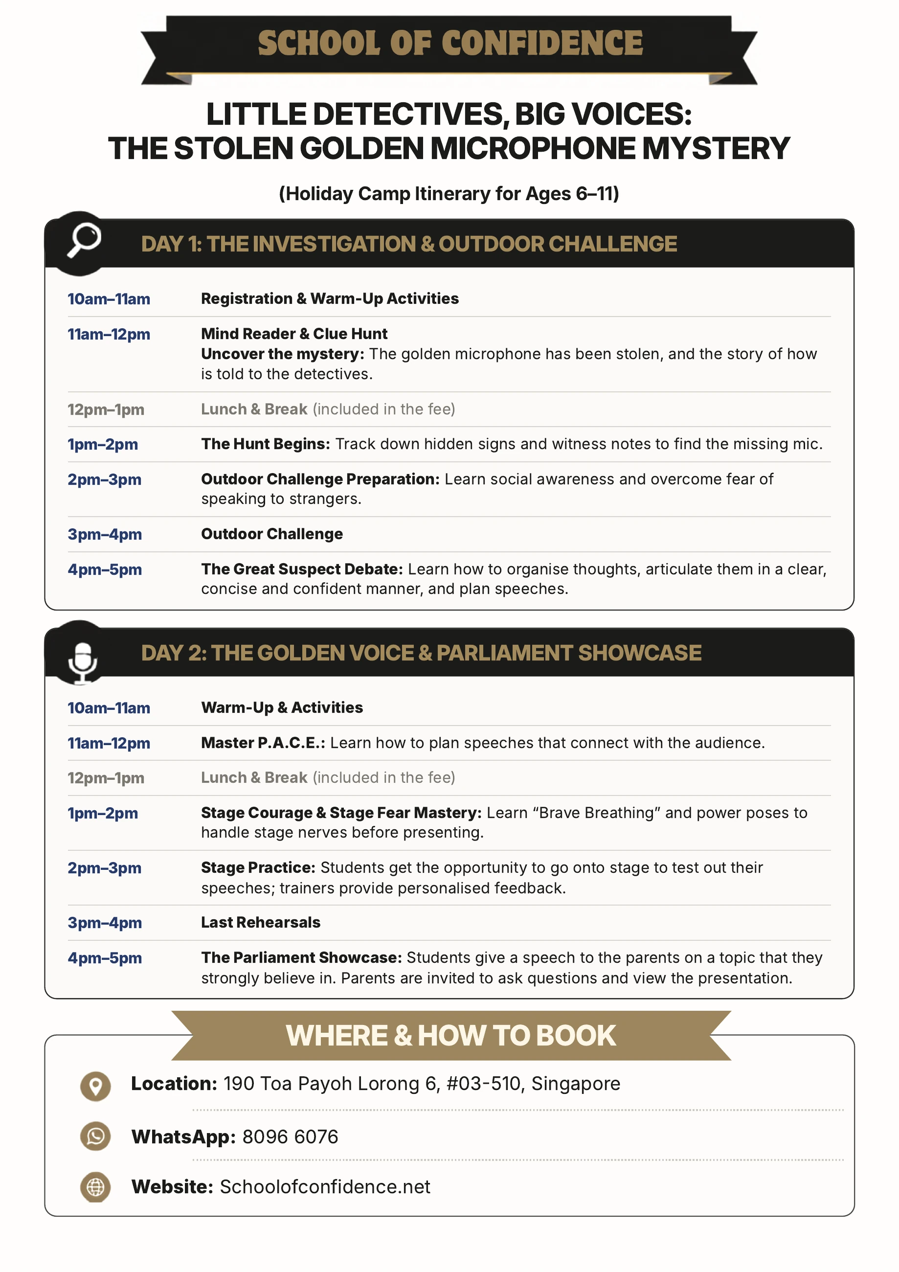 Little Detectives, Big Voices: The Stolen Golden Microphone Mystery two-day camp itinerary: investigation, outdoor challenge, stage practice and Parliament Showcase