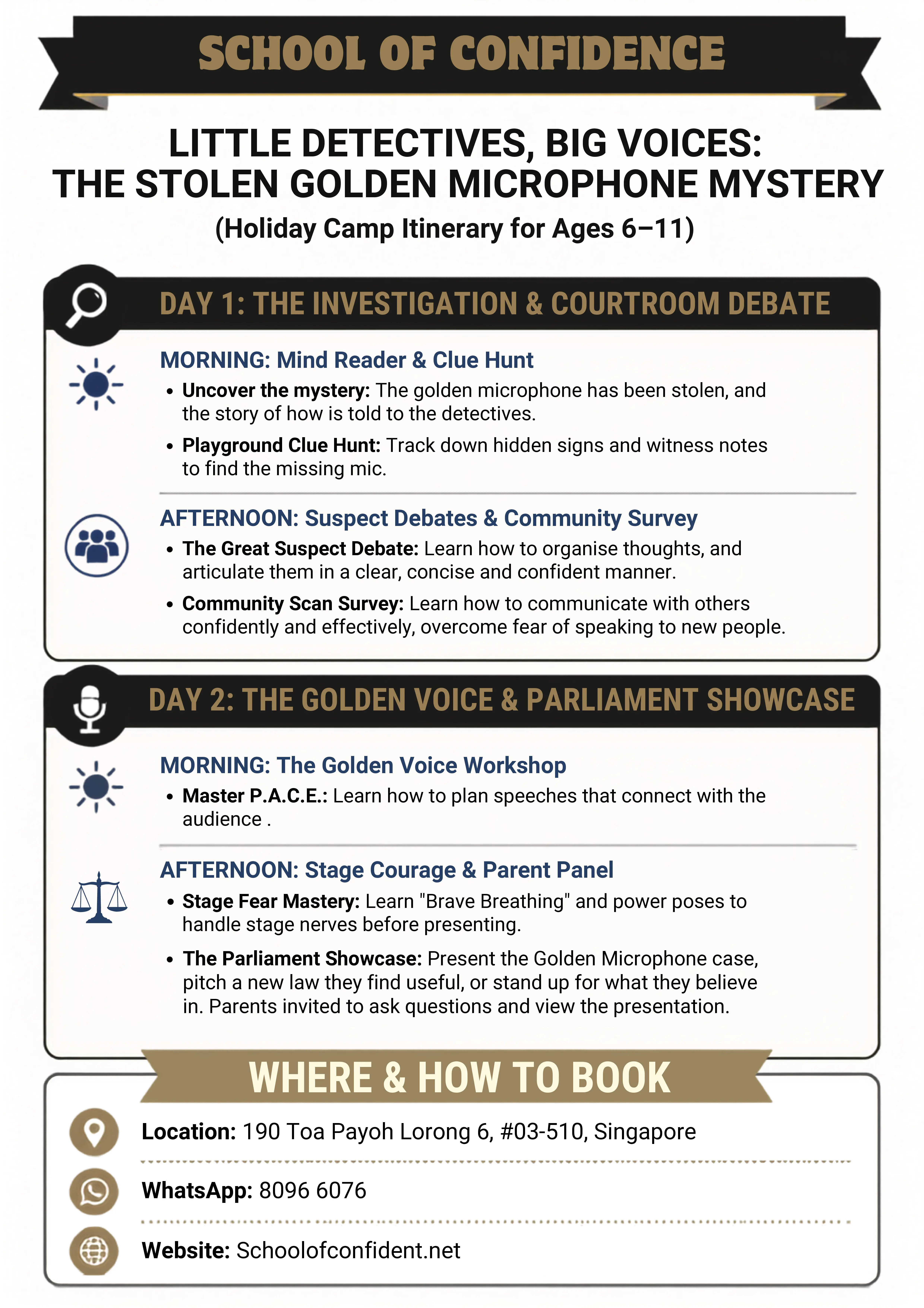 Golden Microphone Mystery two-day camp itinerary flyer