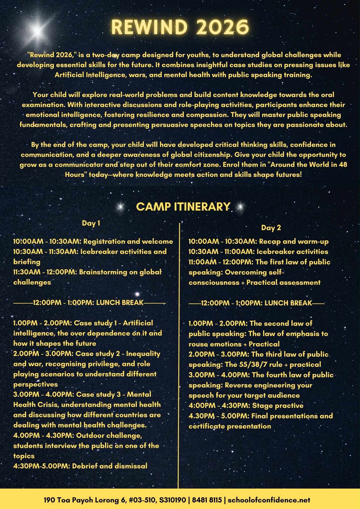 Rewind 2026 two-day camp itinerary flyer